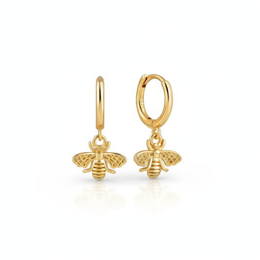 Golden Bloom Bee Hoops Perth Australia House of Hide gold earrings with detailed bee charms symbolising creativity
