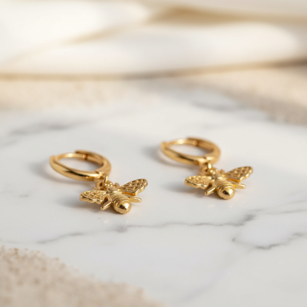 Gold Bee Hoop Earrings Perth Australia House of Hide polished lightweight earrings with intricate bee design