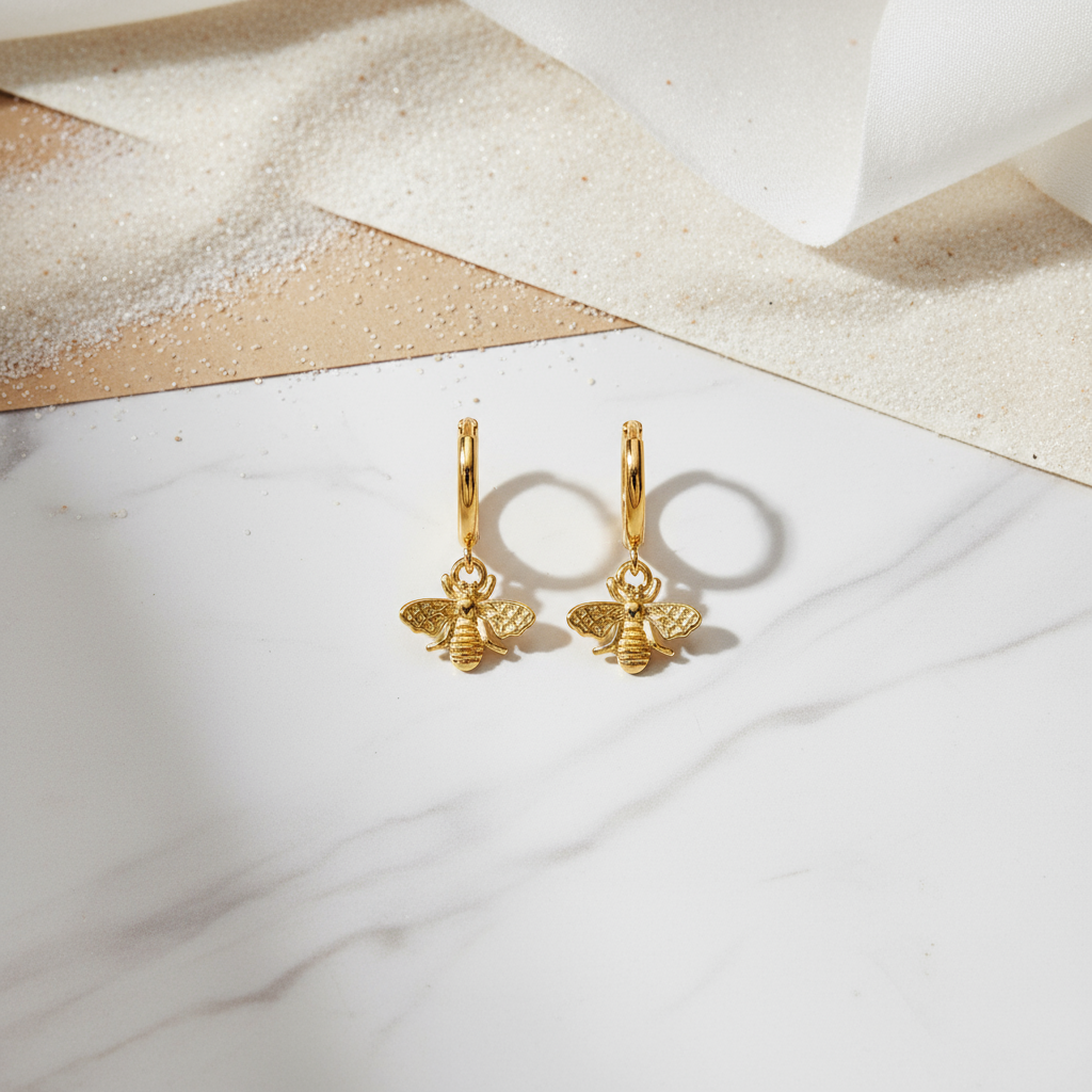 Golden Bloom Bee Hoops Perth Australia House of Hide stylish gold earrings featuring bee motif for effortless sophistication