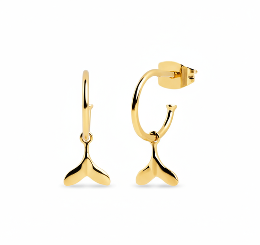 Golden Drift Whale Tail Hoops Perth Australia House of Hide gold earrings with minimalist whale tail charms