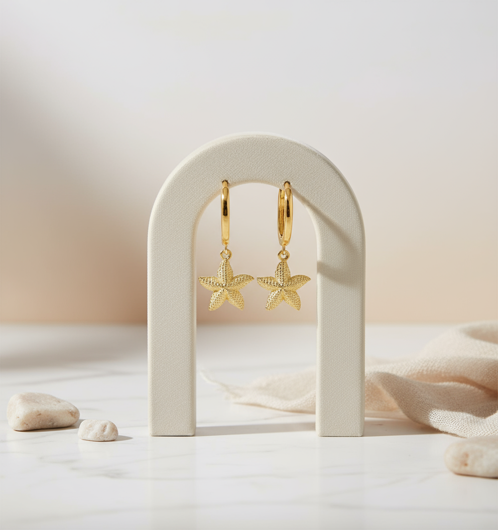 Gold Starfish Hoop Earrings Perth Australia House of Hide delicate textured hoops with sparkling zircon stones