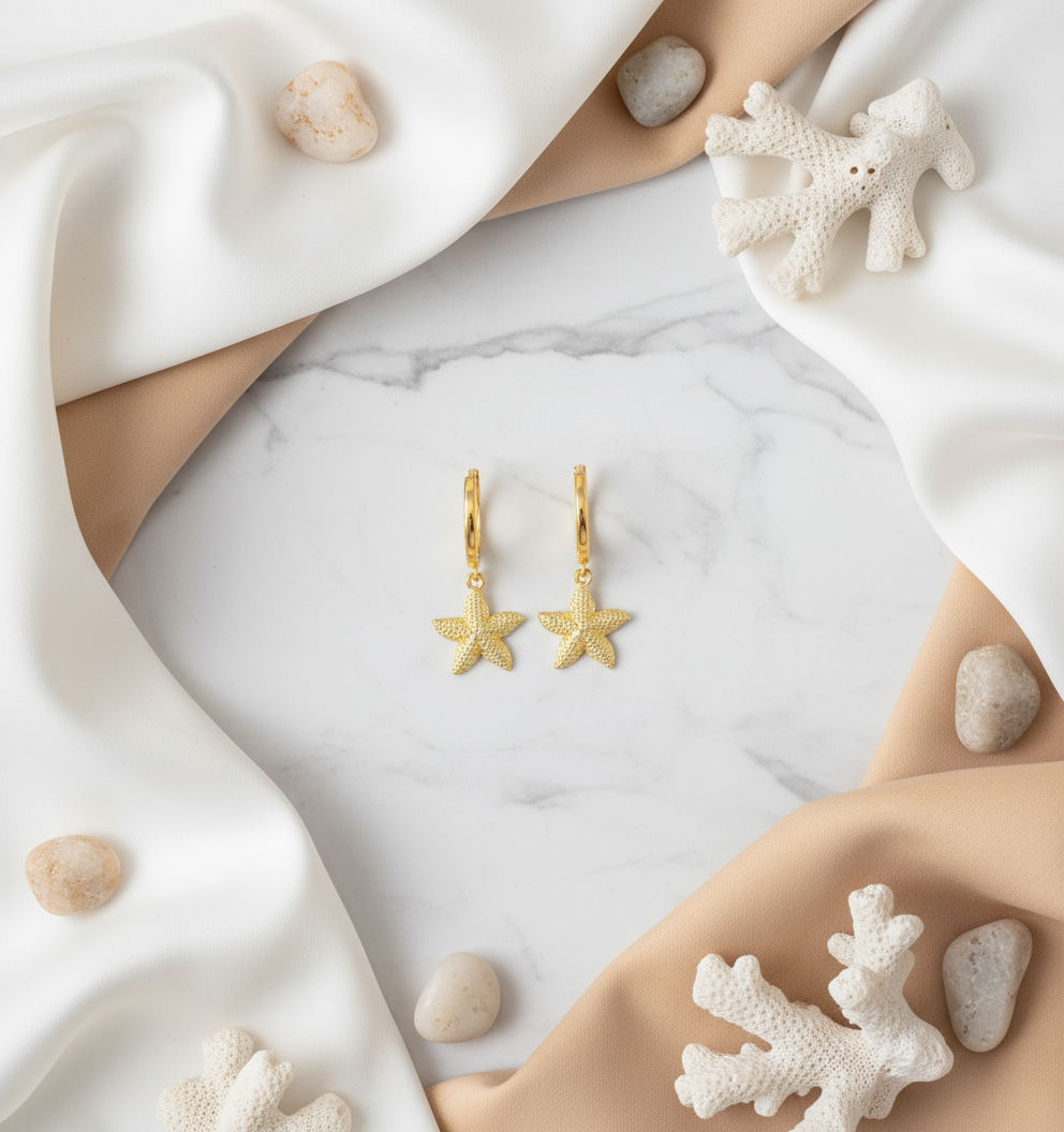 Golden Reef Starfish Hoops Perth Australia House of Hide lightweight gold earrings with detailed marine-inspired design