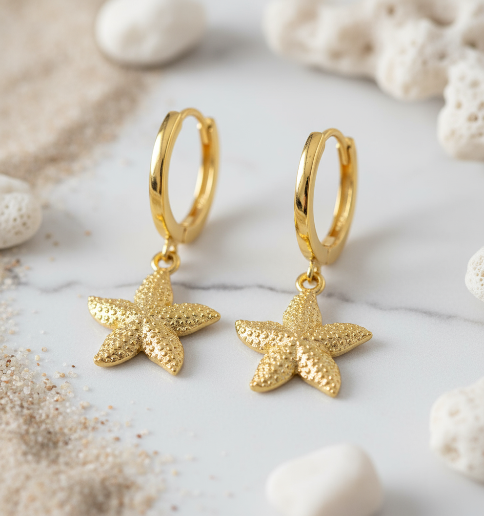 House of Hide Perth Australia Golden Reef Starfish Hoops stylish gold-plated earrings featuring starfish and zircon accents