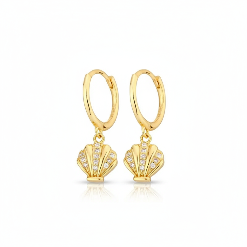 Golden Seashell Whisper Hoops Perth Australia House of Hide gold shell charm earrings with zircon accents