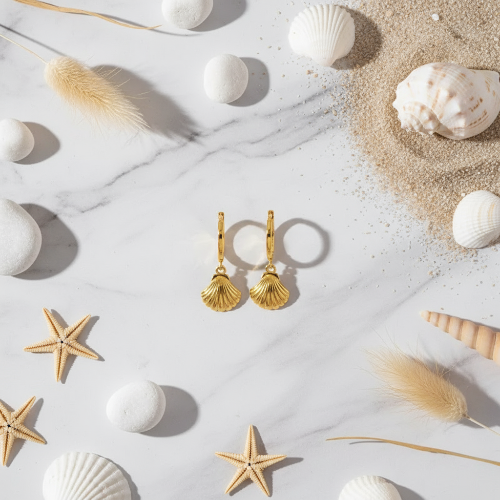 House of Hide Golden Shell Haven Hoops Perth Australia coastal-inspired gold shell charm earrings