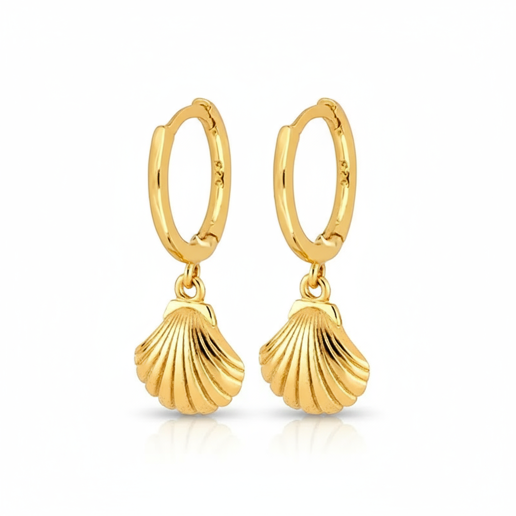 Golden Shell Haven Hoops Perth Australia House of Hide gold-plated earrings with detailed shell charm