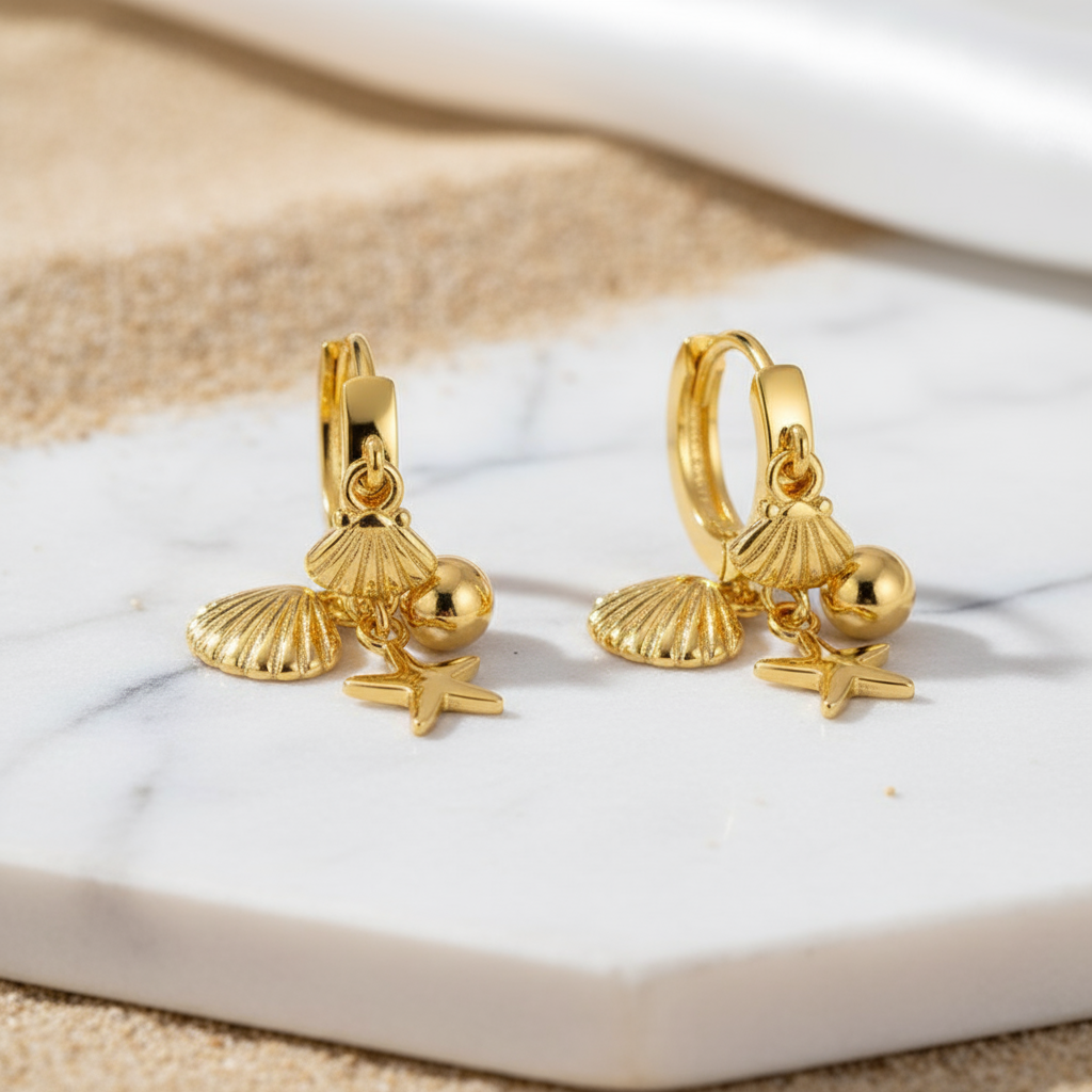 Golden Shore Charm Hoops Perth Australia House of Hide stylish gold earrings featuring shell and star details