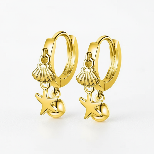 Golden Shore Charm Hoops Perth Australia House of Hide gold earrings with shell, star, and bead charms