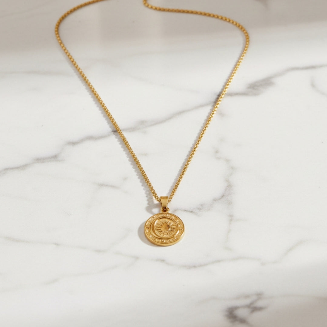 Luxury House of Hide necklace in gold with round pendant, handcrafted jewellery from Australia.