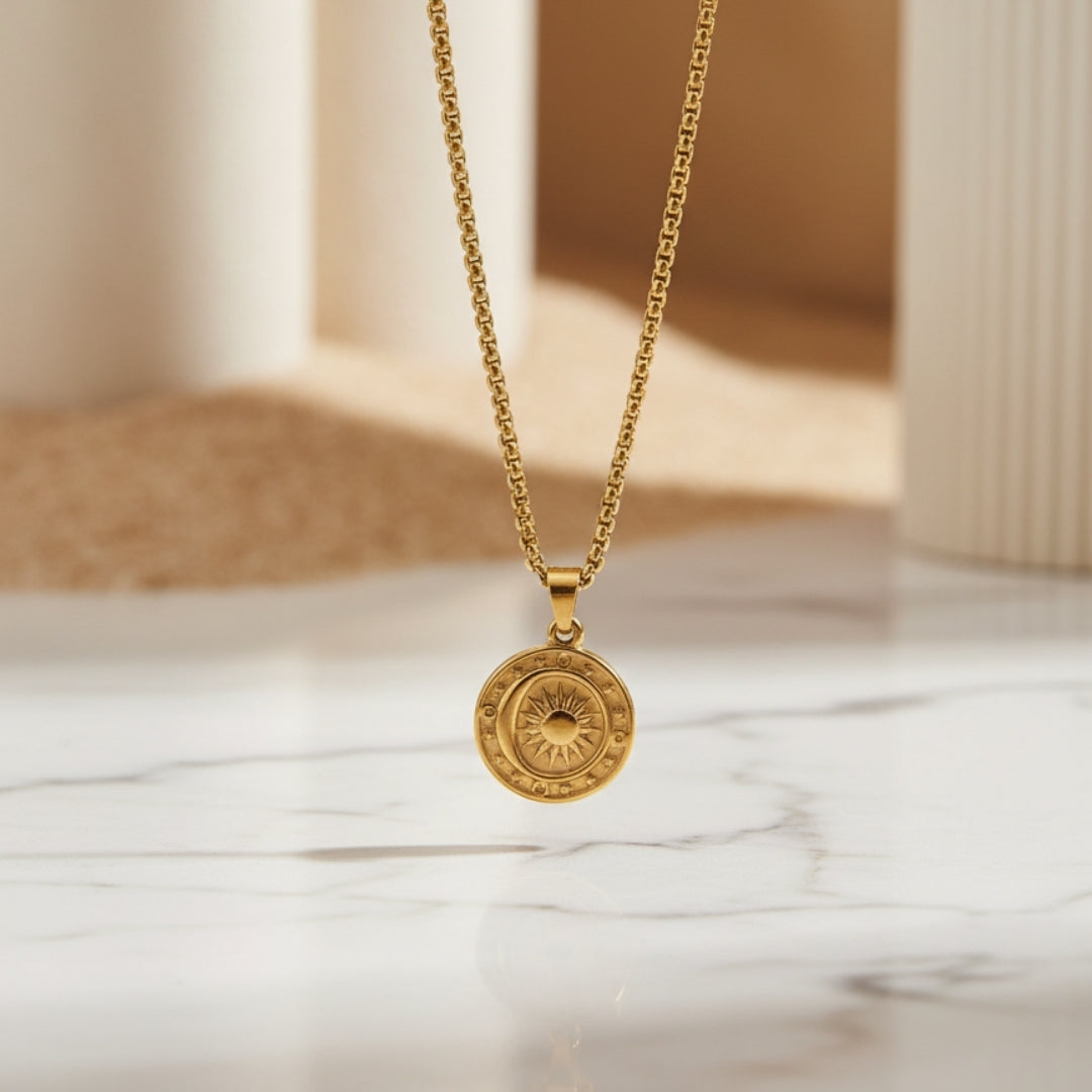 Elegant gold necklace by House of Hide featuring a round pendant, premium Australian jewellery brand.