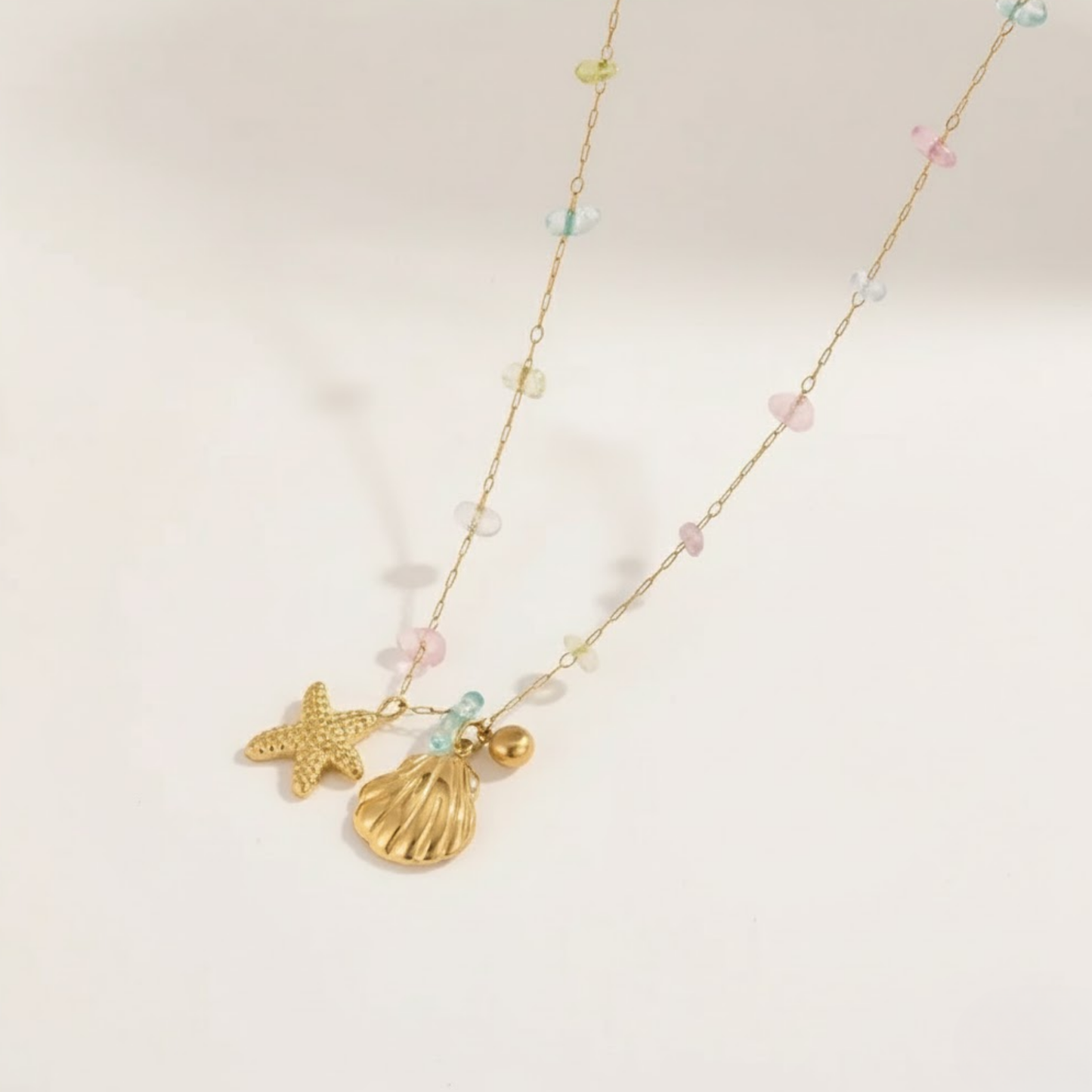 Close-up Golden Ocean Dreams Necklace Perth Australia Houseofhide showing gemstone beads.