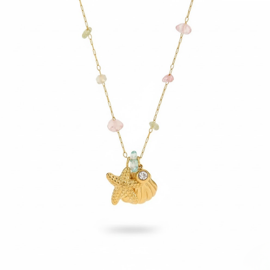 Golden Ocean Dreams Necklace Perth Australia Houseofhide with starfish and seashell charms.