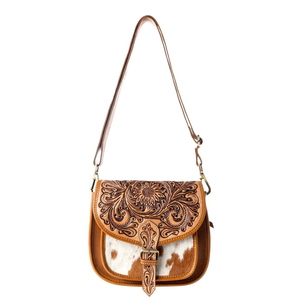 House of Hide genuine leather brown handbag showcasing intricate handcrafted patterns and western-inspired detailing on a white background