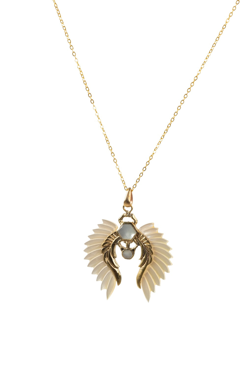 Gold necklace with a winged pendant on a white background