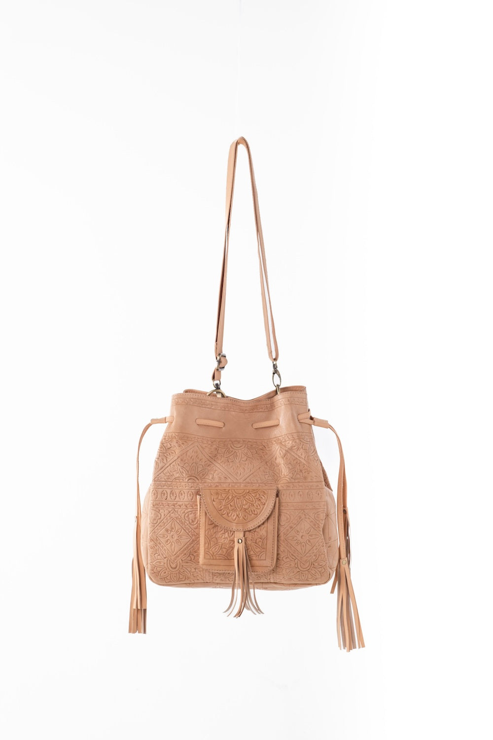 Hand-tooled leather crossbody with Western floral motif