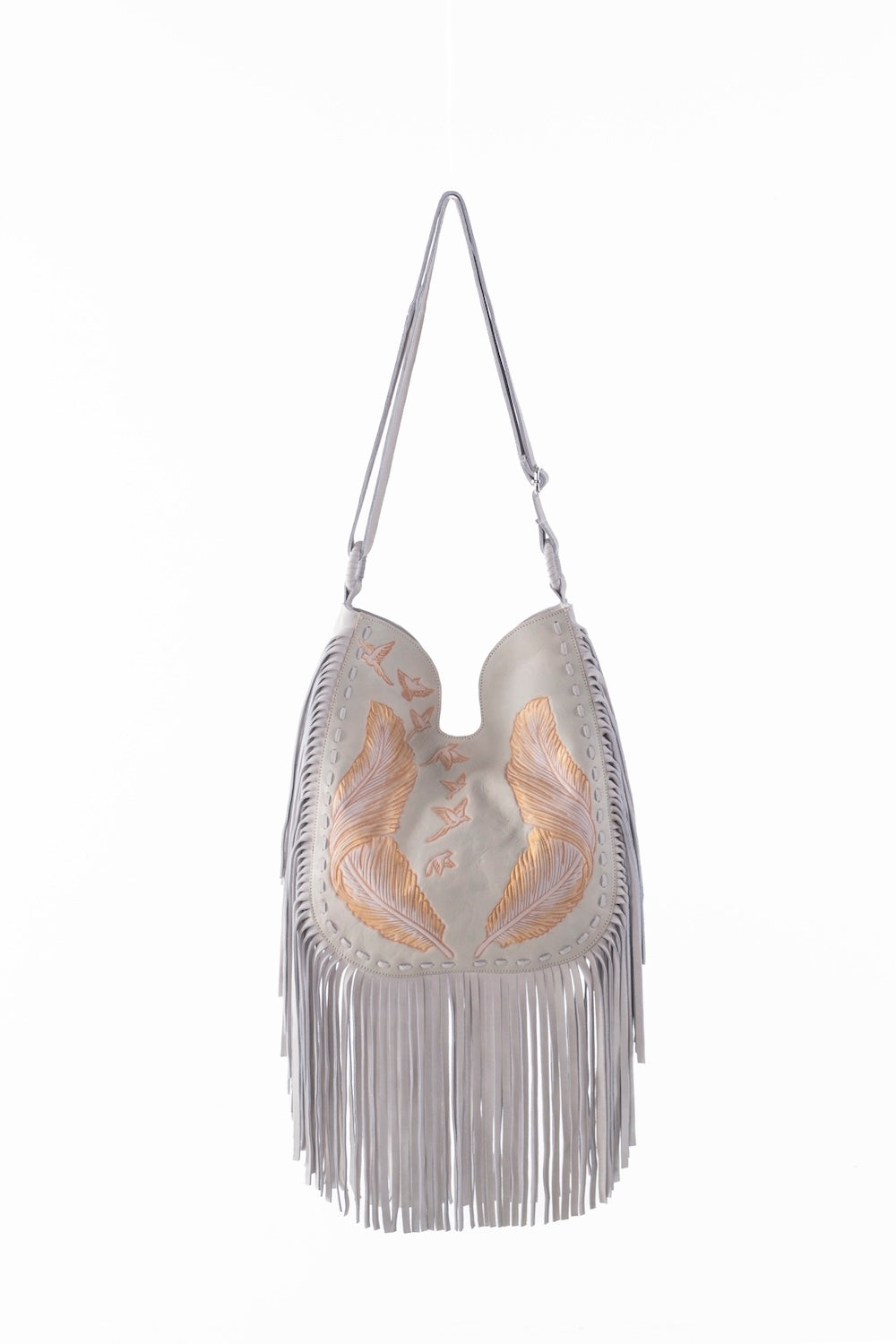 Hand-tooled off-white suede bag with feather and bird motif