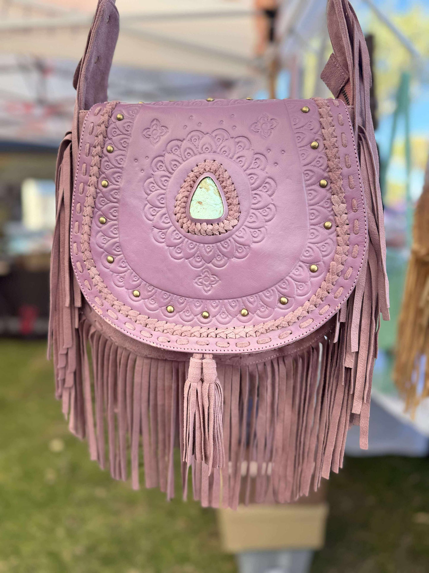 Hand-tooled pink leather crossbody bag with fringe – boho style for women by House of Hide