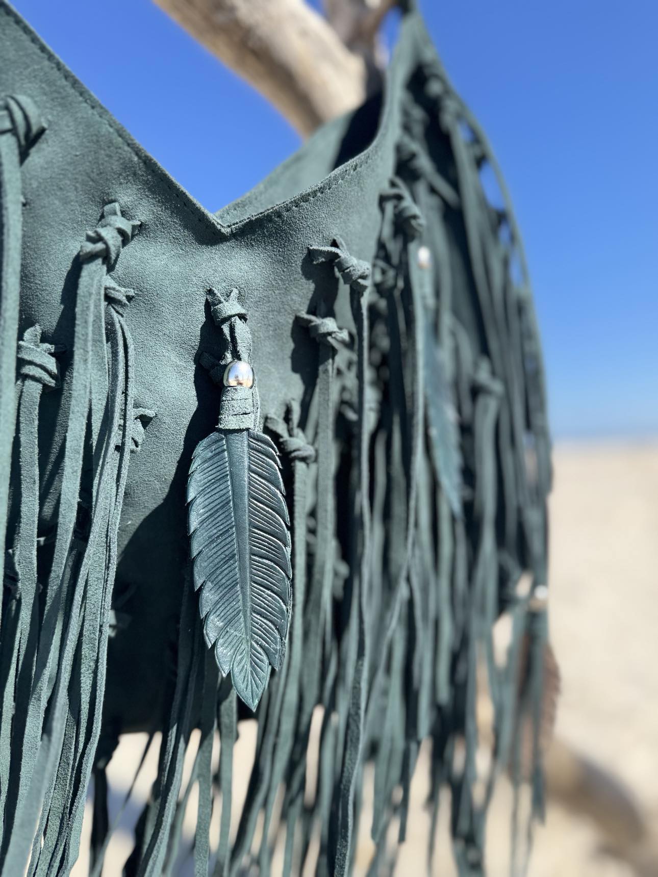 Handcrafted Fringe Bag Australia – The Jolene Jade Fringe Bag with luxurious jade-green suede and artisan leather details.
