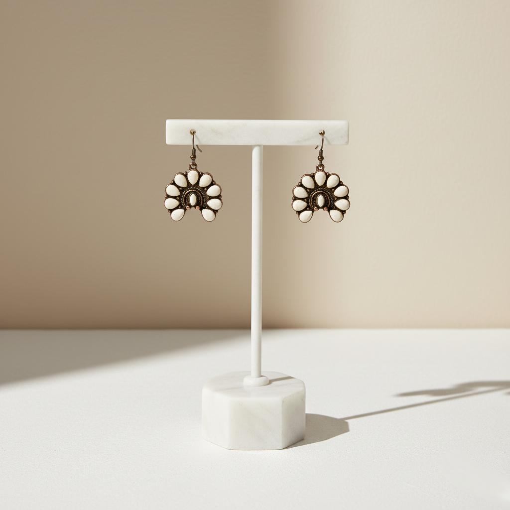 Close-up of Havana Pearl Bloom Earring Perth Australia Houseofhide showing petal-shaped stones and radiant pearl design.