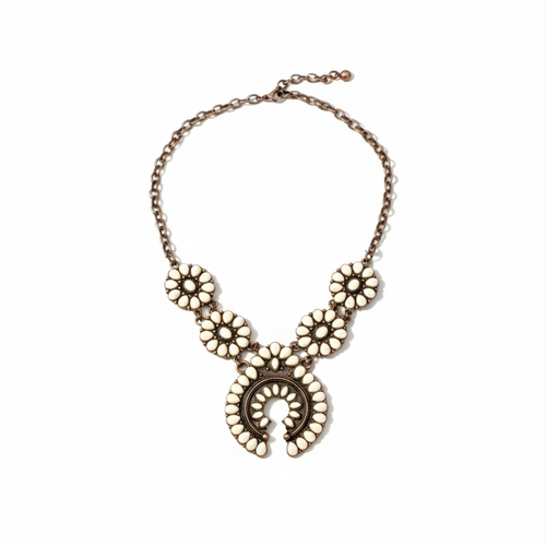 Havana Pearl Bloom Necklace Perth Australia Houseofhide featuring petal-shaped stones and antique silver floral detailing.