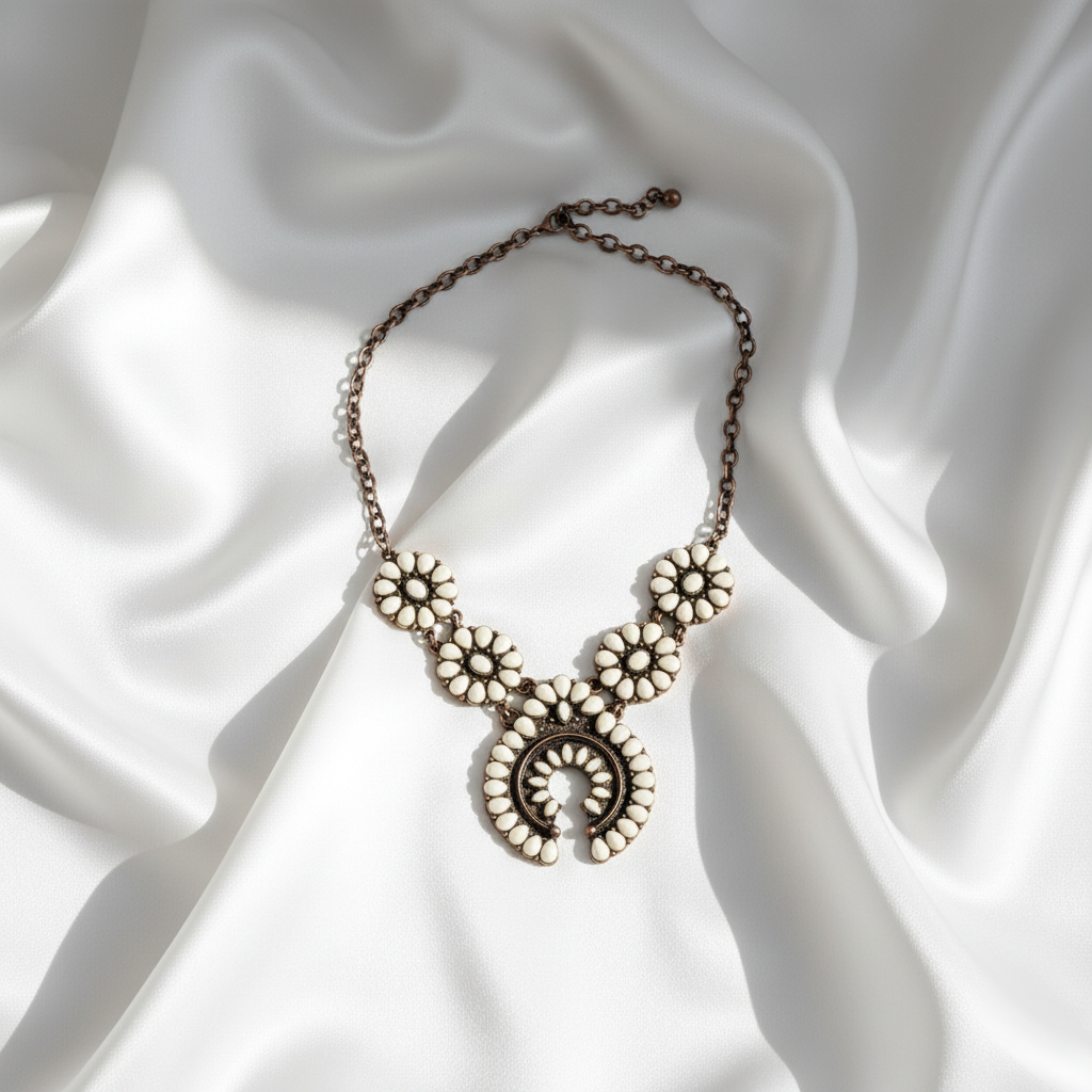 Elegant Havana Pearl Bloom Necklace Perth Australia Houseofhide displayed on a neutral background highlighting crescent pendant.
