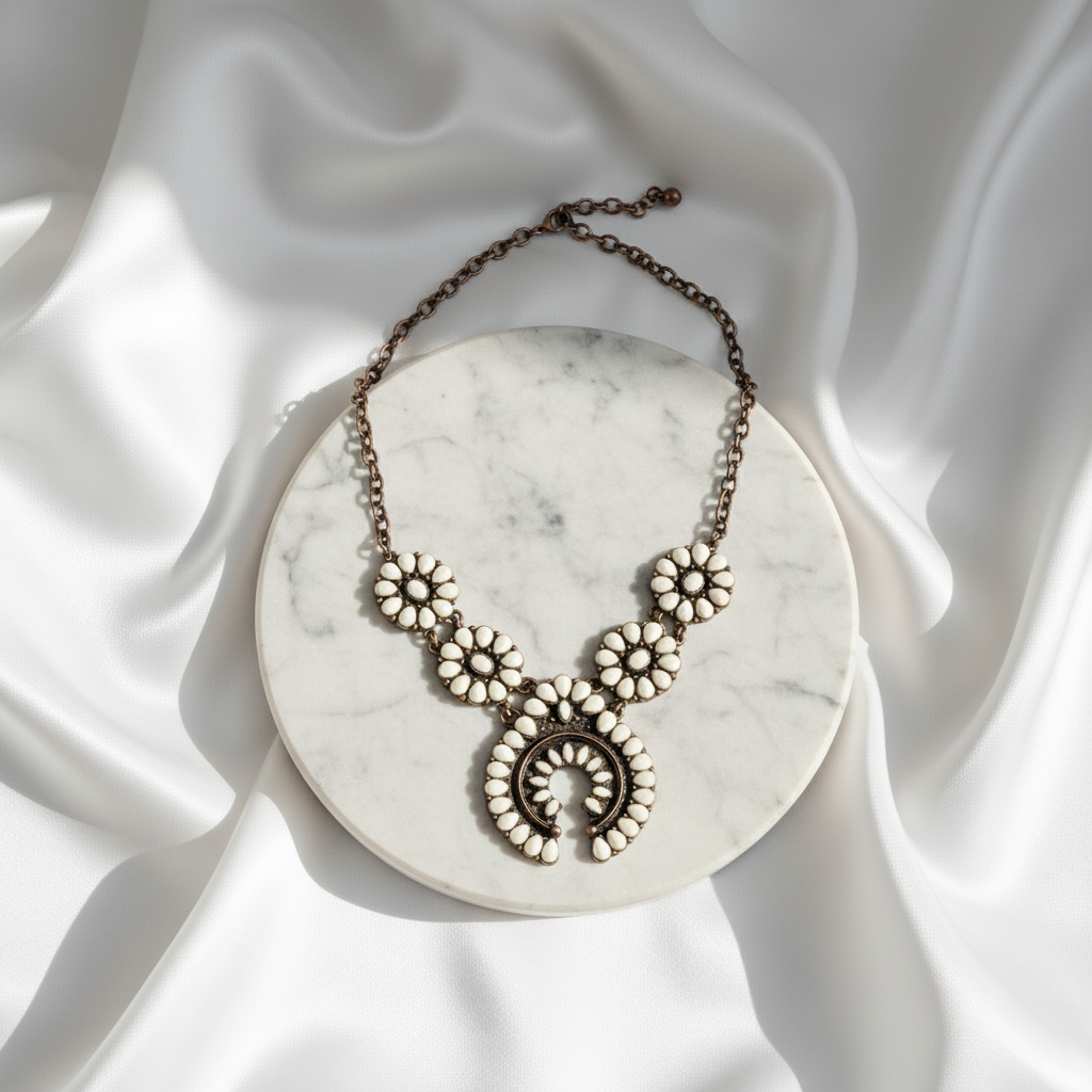 Close-up of Havana Pearl Bloom Necklace Perth Australia Houseofhide showing floral patterns and radiant pearl accents.