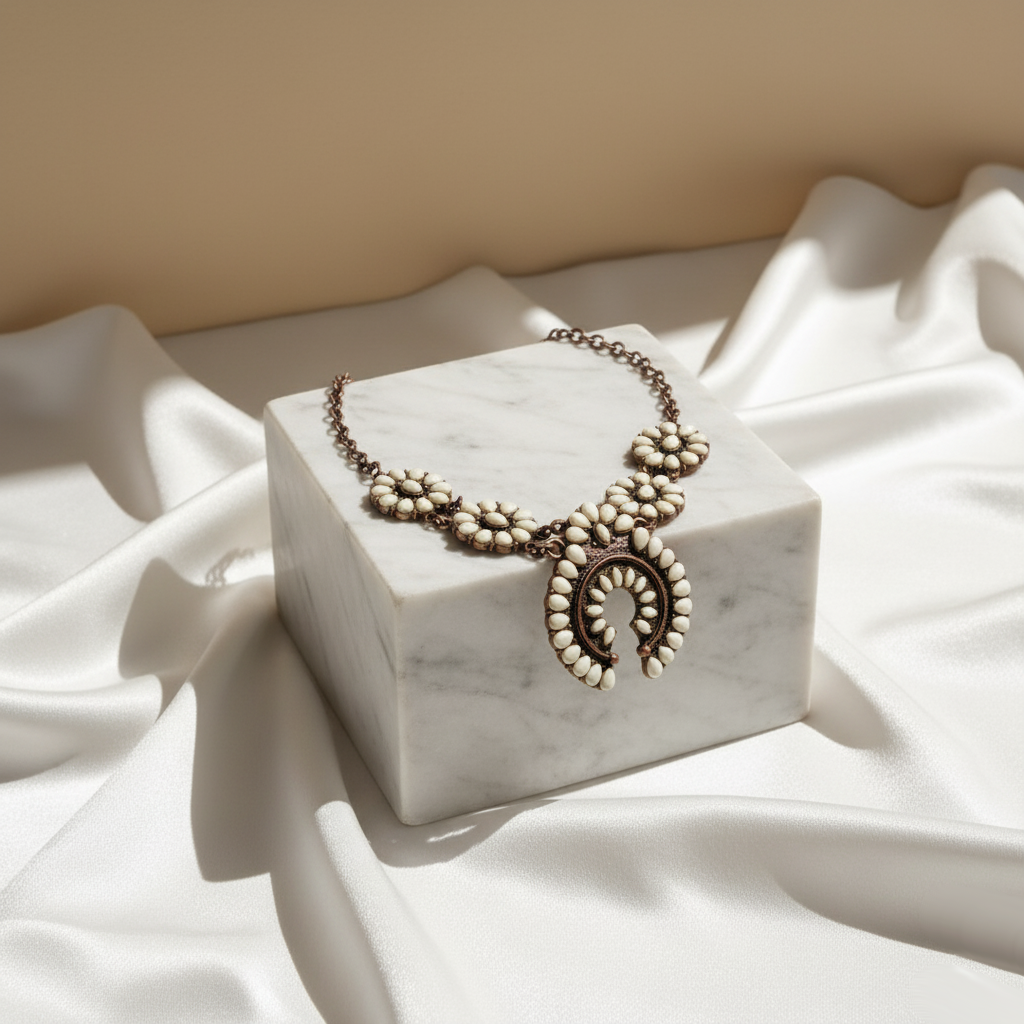 Havana Pearl Bloom Necklace Perth Australia Houseofhide photographed in soft light revealing intricate silver craftsmanship.