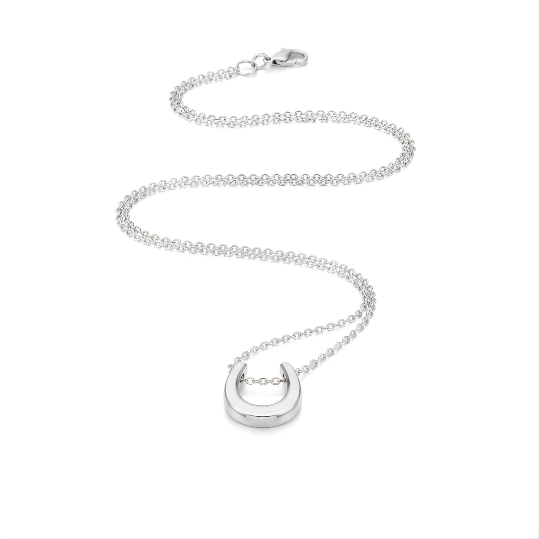 Horseshoe Horizon Necklace Perth Australia Houseofhide featuring a polished horseshoe pendant on a fine stainless steel chain.