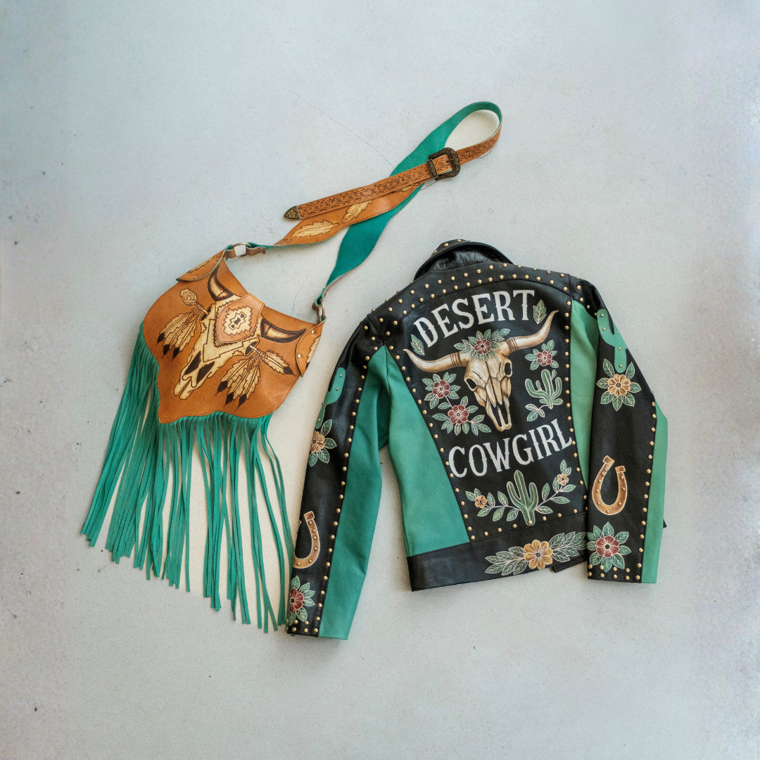 House of Hide Desert Cowgirl Jacket with oversized biker fit, floral artwork, horseshoes and antique brass stud detailing.