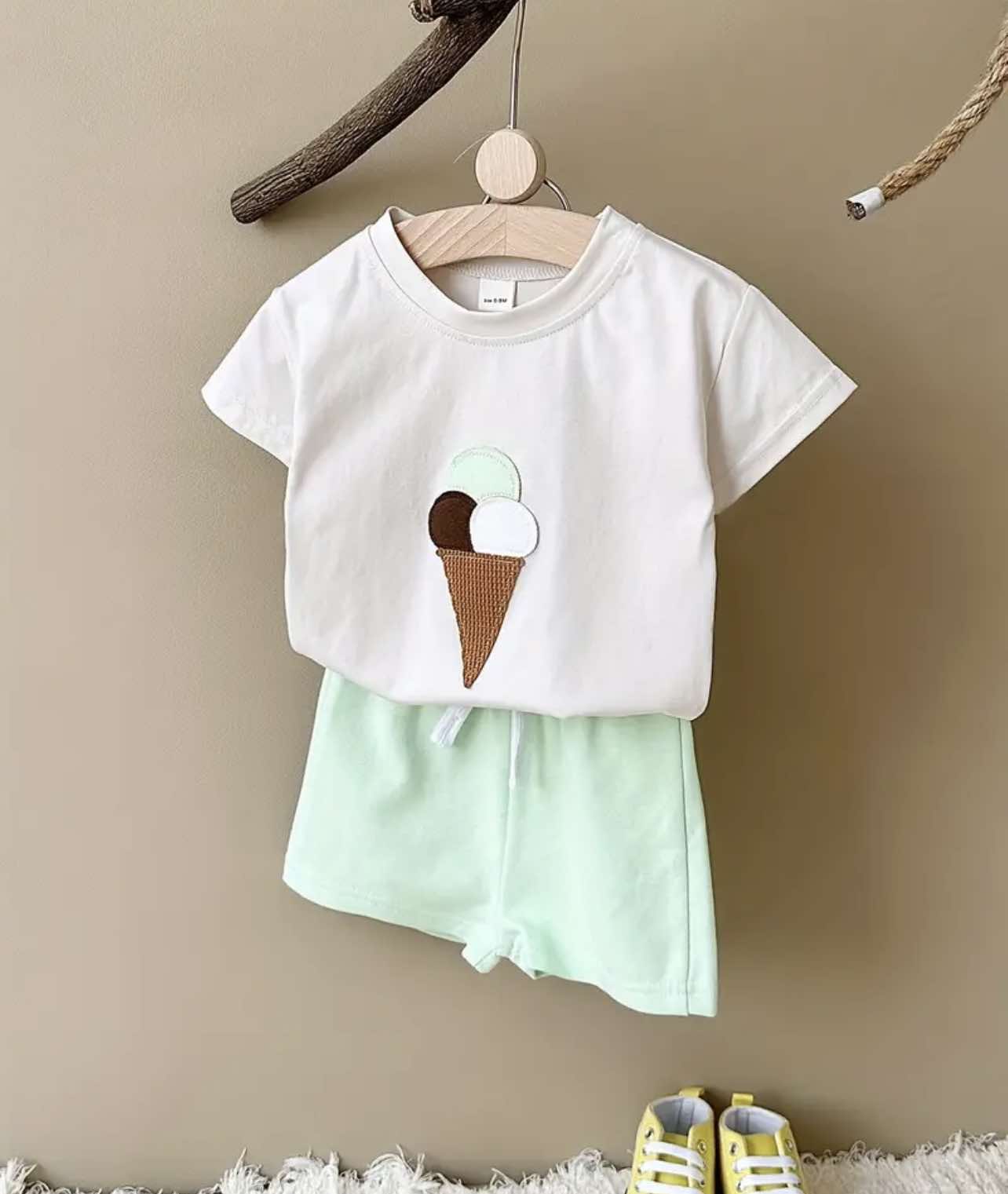 Ice Cream Set Mint Green laid flat, featuring a t-shirt and shorts, perfect for Australian summers.