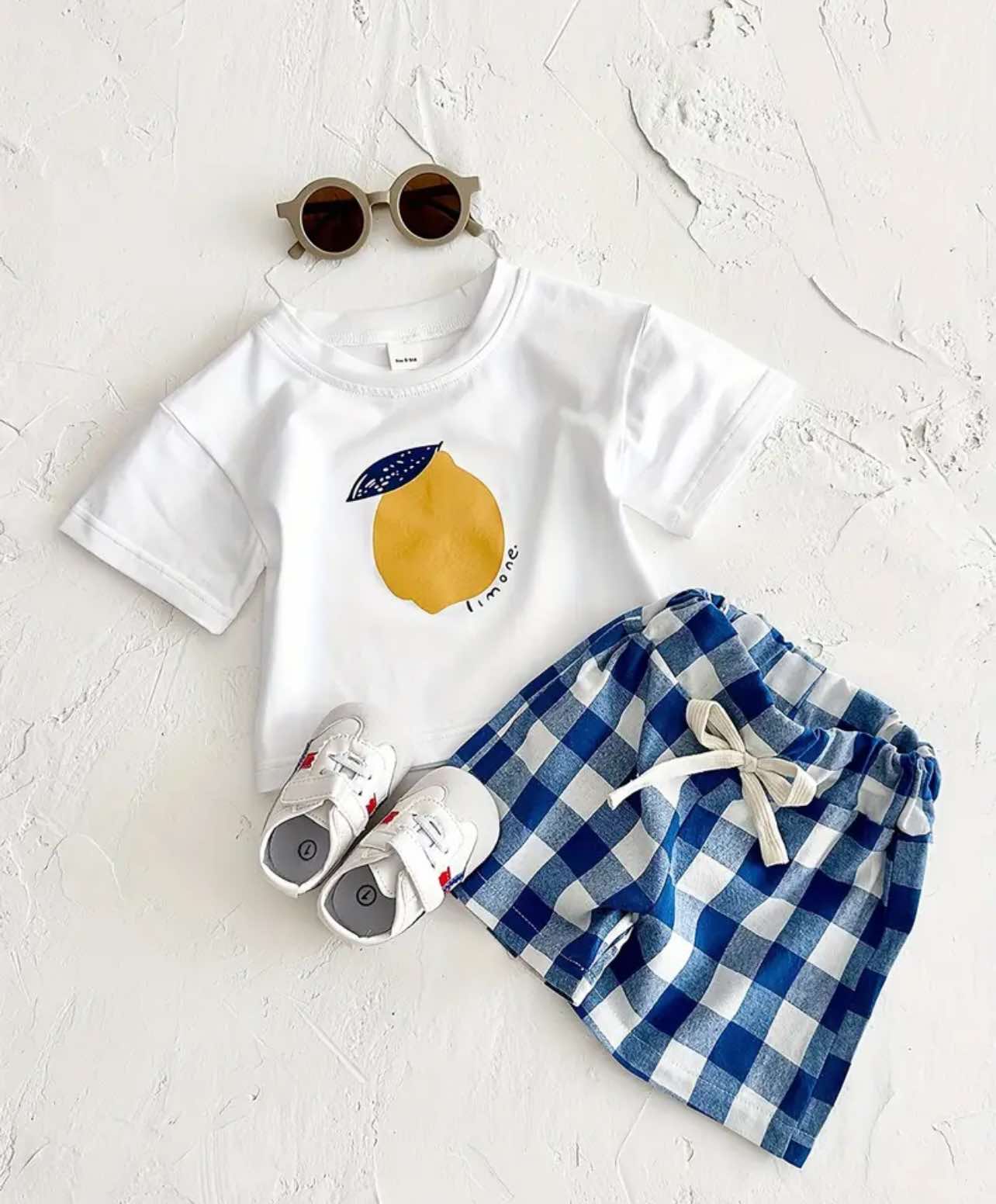 Infant Lemon Shirt and Blue Plaid Shorts for Summer