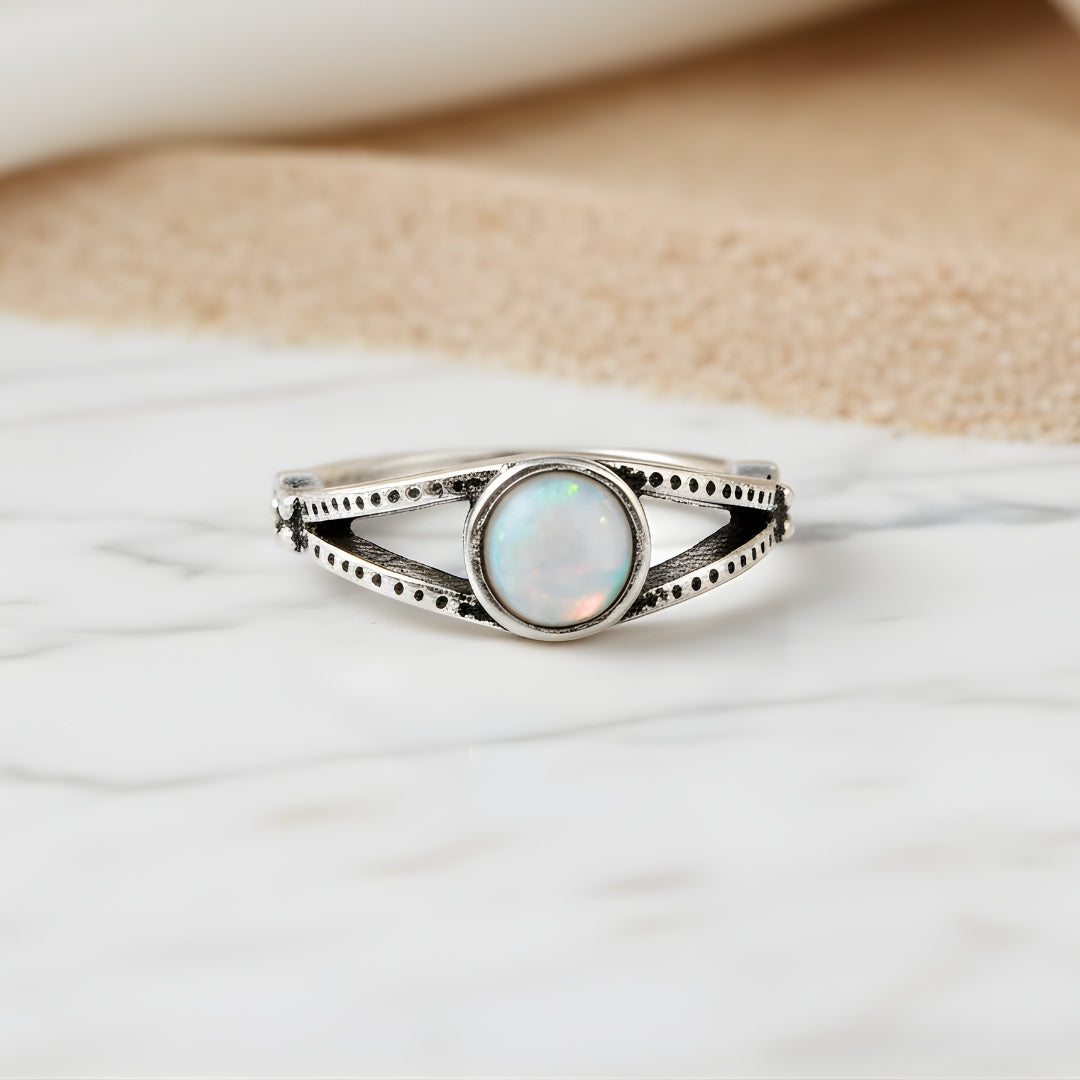 Island Dawn Opal Ring displayed on white surface luxury Perth jewellery brand