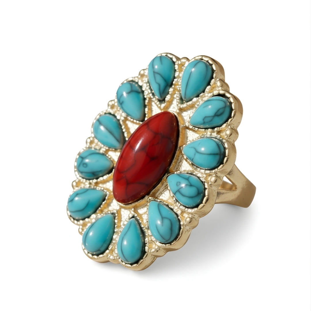 Island Flame Ring Perth House of Hide colourful gemstone ring with turquoise and red stones