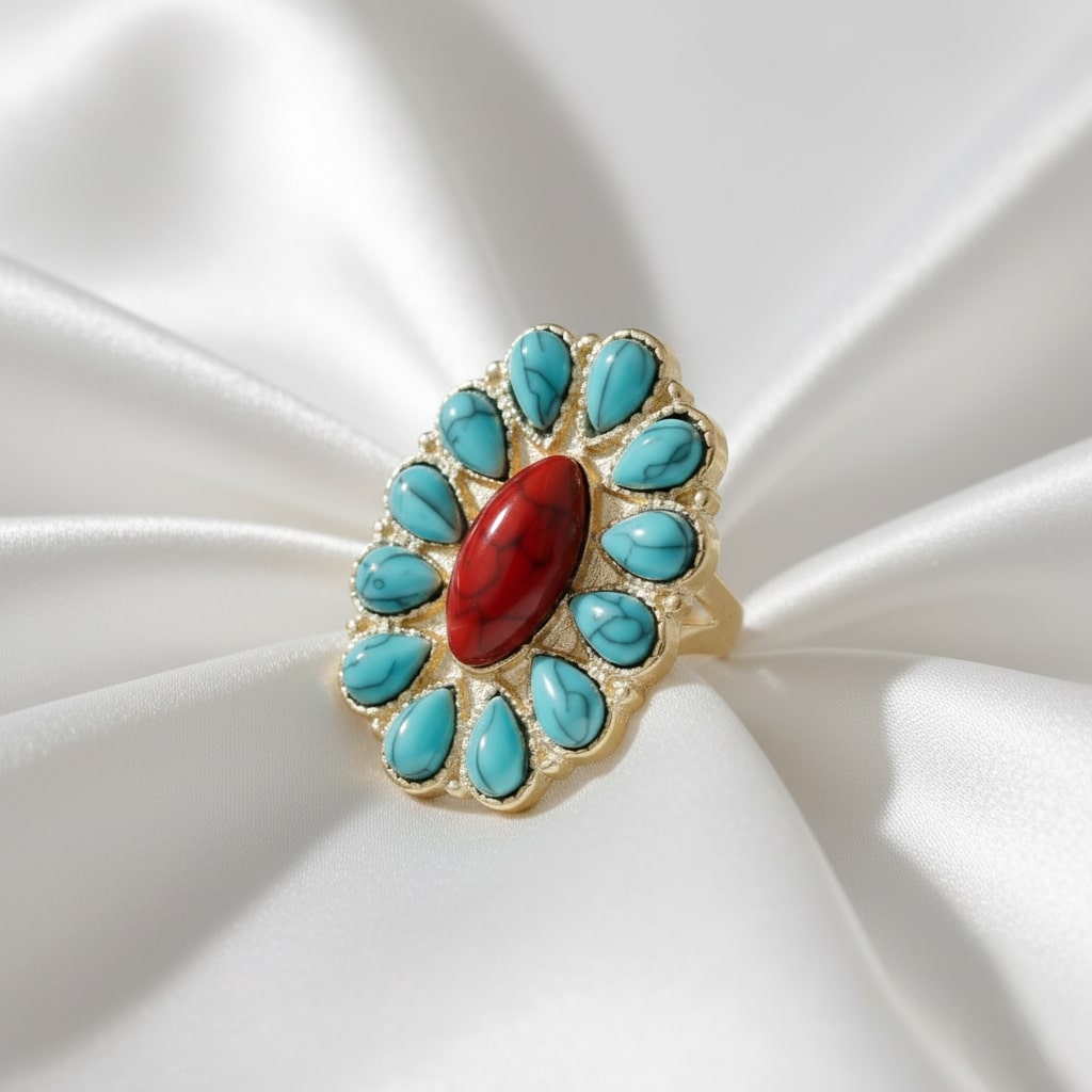 Island Flame Ring Perth Australia House of Hide ring with turquoise and red stones on white background