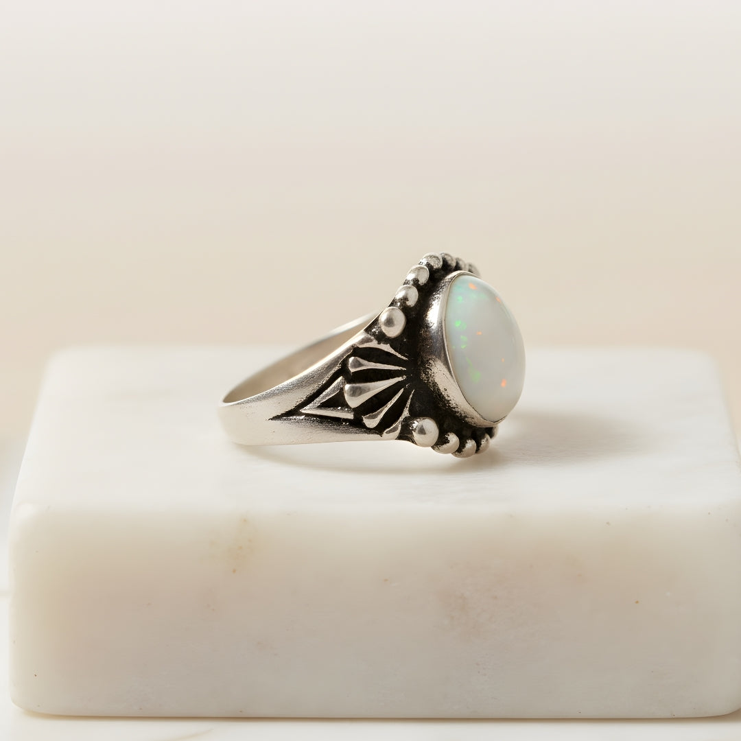 Island Moon Ring Perth Australia House of Hide silver opal ring on white surface