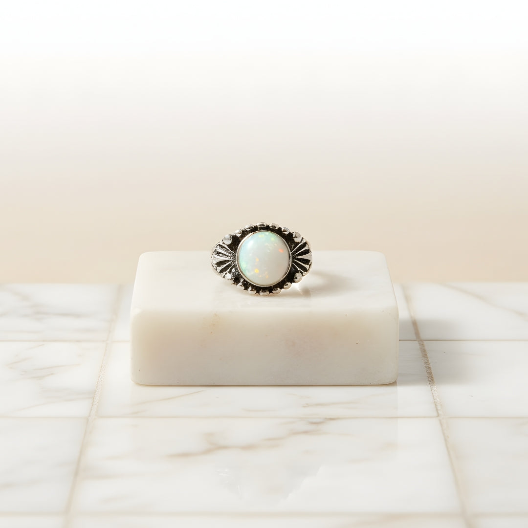 Island Moon Ring featuring opal gemstone photographed on clean white surface