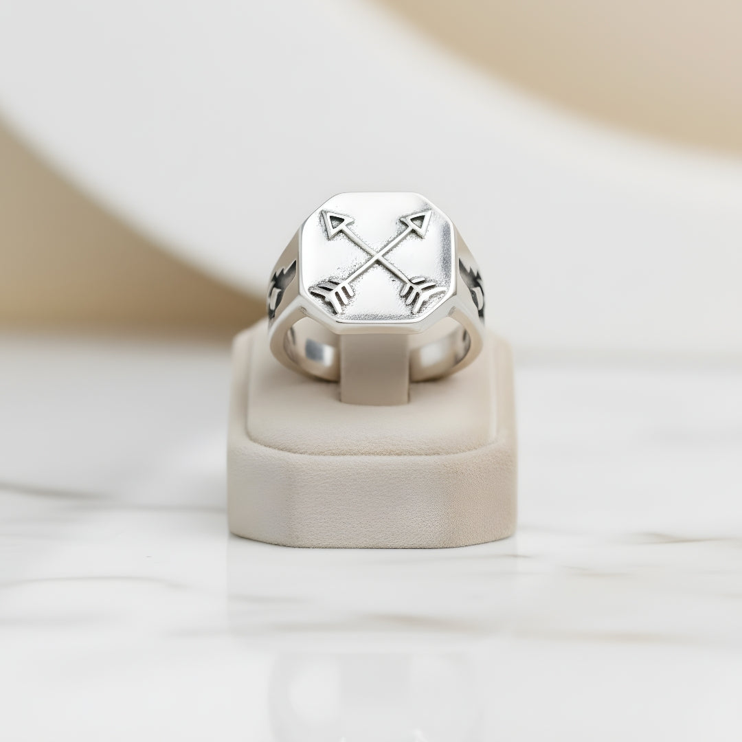 Men’s boho silver ring with arrow engravings Perth Australia House of Hide Island Voyager design