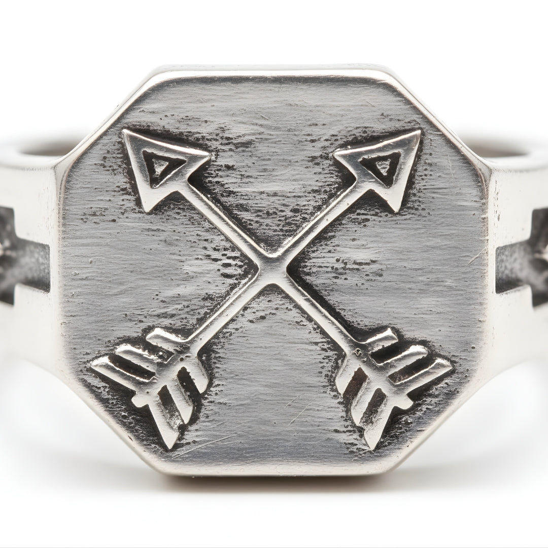 Silver western-style ring featuring engraved crossed arrows Perth Australia House of Hide