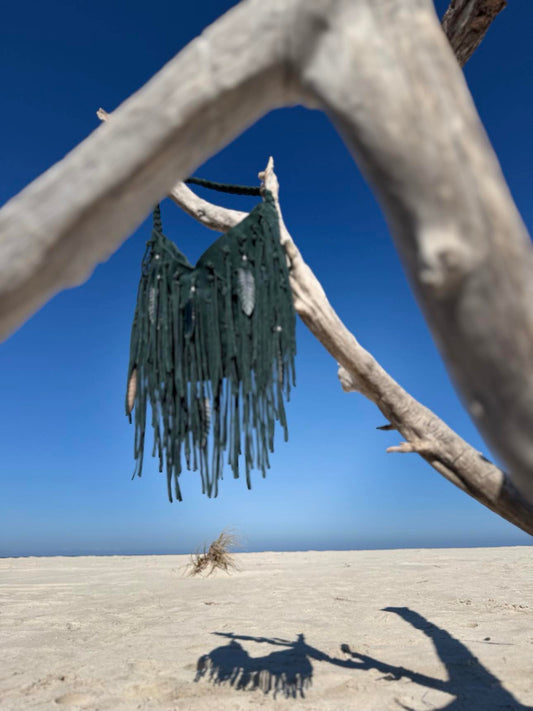 Jolene Jade Fringe Bag Australia – Handcrafted leather boho bag with jade-green suede and hand-tooled leather feathers.