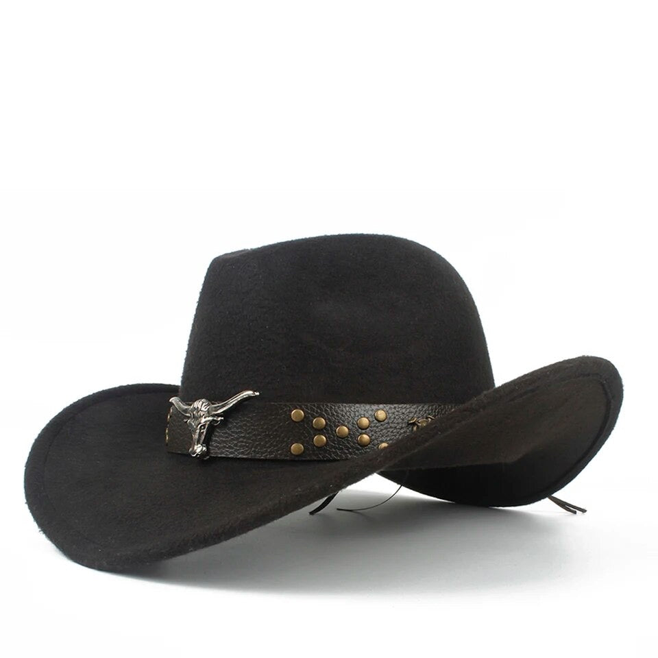 Dakota Rancher Youth 100% Wool Hat in black, featuring a classic cowboy design with a boho touch