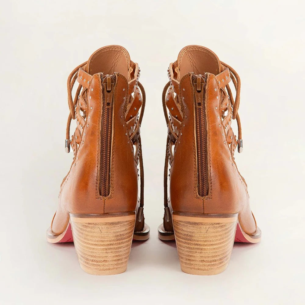 Lace Up Booties In Calfskin from House of Hide in brown calfskin leather with wooden soles being displayed on white background