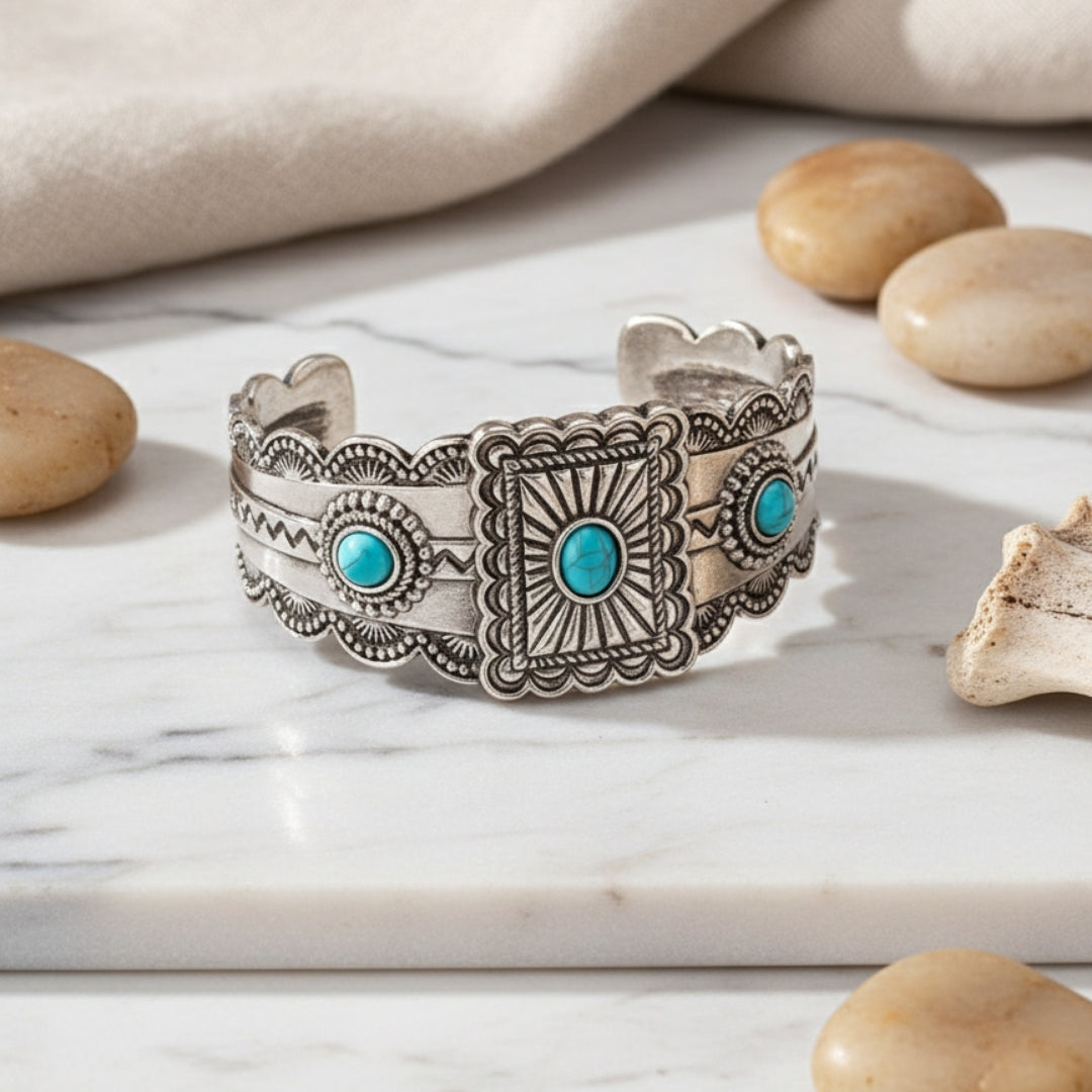 Handcrafted silver cuff with turquoise gems Perth Australia House of Hide statement jewellery