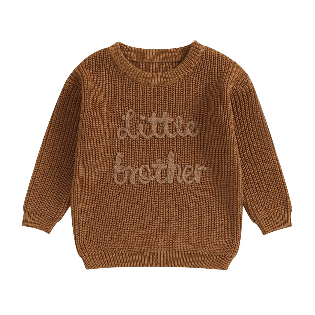 Little Brother Knit Jumper from House of Hide in brown cotton-rich blend with raised Little Brother embroidery, oversized fit, ribbed cuffs and trims, long sleeves being displayed as soft cozy newborn announcement and sibling photo keepsake jumper