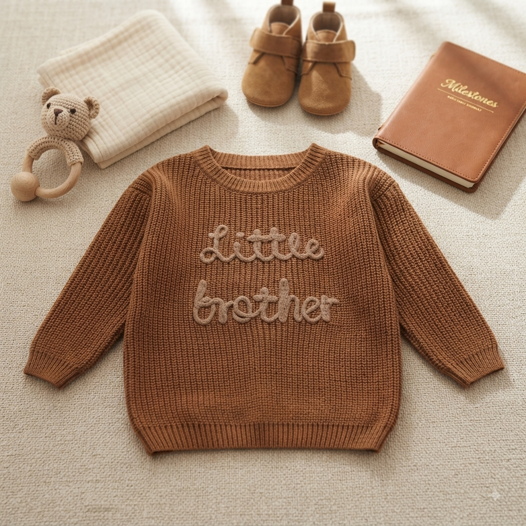 Little Brother Knit Jumper from House of Hide in warm brown premium cotton-polyester knit with embroidered Little Brother detail, ribbed edges, oversized comfort fit, designed for layering and picture-perfect sibling moments for newborns to 36 months