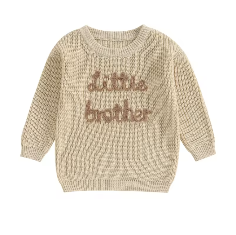 Soft cotton baby boy jumper with “Little Brother” embroidery. Perfect for newborn photos, gifting, or cosy everyday wear in earthy tones.