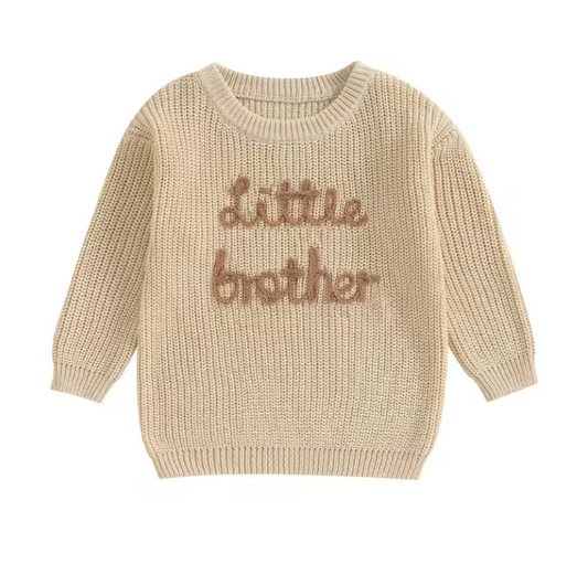 Soft cotton baby boy jumper with “Little Brother” embroidery. Perfect for newborn photos, gifting, or cosy everyday wear in earthy tones.
