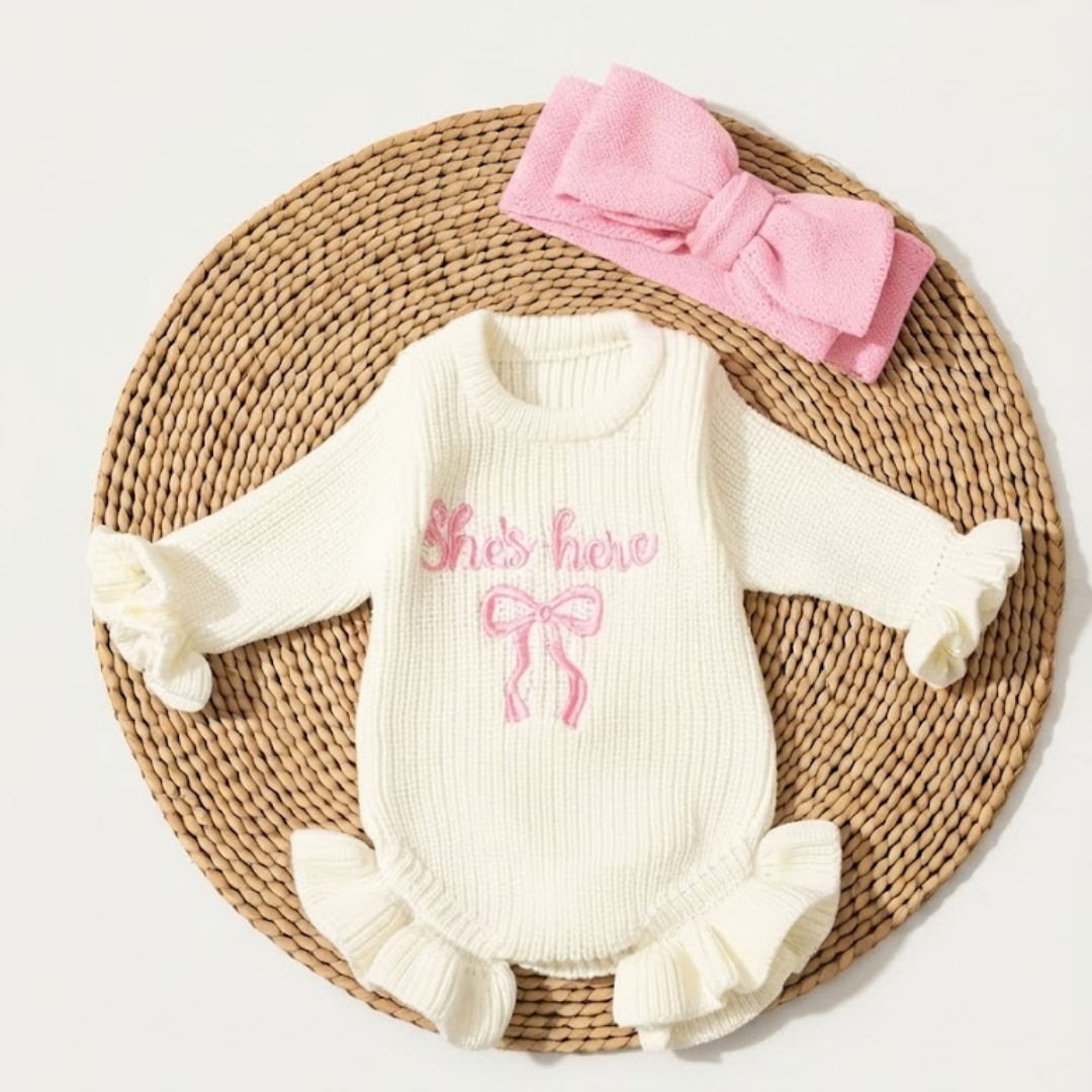 Little Darling Knit Romper Set from House of Hide in off-white ribbed knit with pink she's here embroidery and bow graphic, ruffled cuffs and hem, matching pink bow headband being displayed on round woven mat