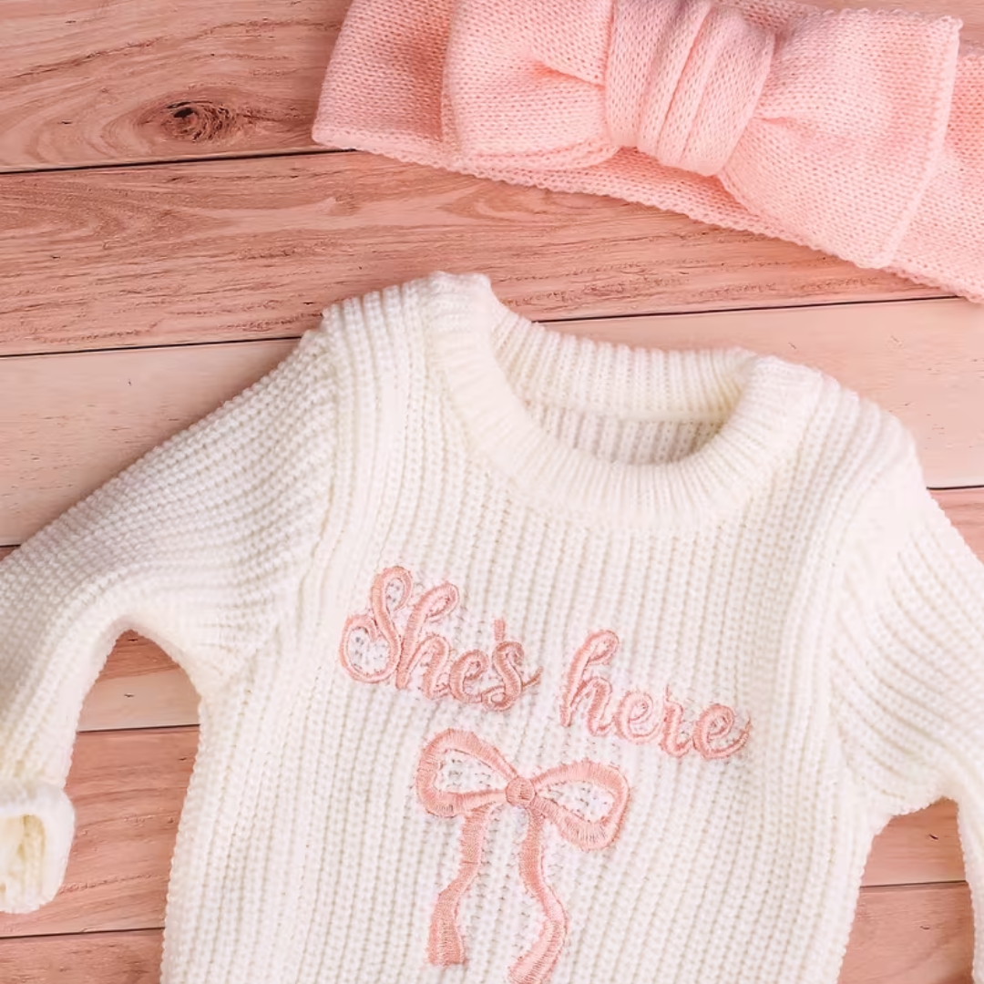 Little Darling Knit Romper Set from House of Hide in white ribbed knit with pink embroidered she's here announcement text and matching pink knit beanie being laid flat in styled woven presentation