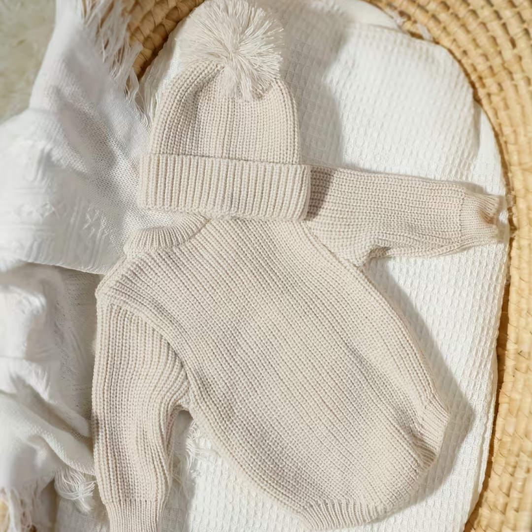 Little Wrangler Knit Romper Set from House of Hide in cream beige ribbed knit baby hat with pom-pom and matching mittens being displayed on textured white blanket inside woven straw basket