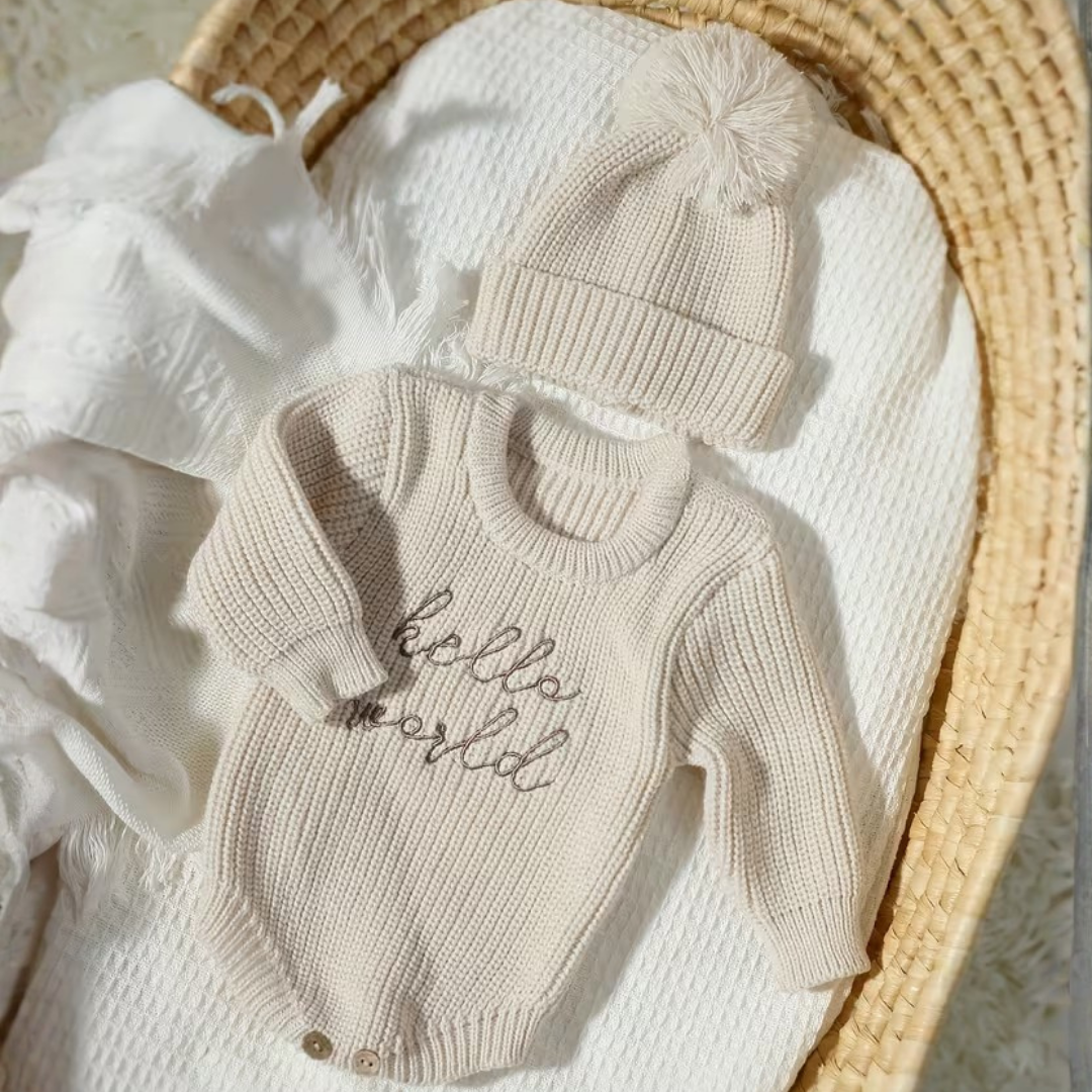 Little Wrangler Knit Romper Set from House of Hide in cream beige ribbed knit long-sleeve romper with hello world embroidery and matching pom-pom beanie being displayed inside woven basket on white textured blanket